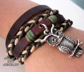 Owl charm bracelet hemp woven leather bracelet