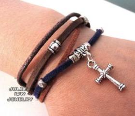 Leather silver cross bracelet