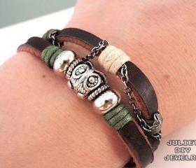 Owl charm bracelet silver owl bead leather bracelet