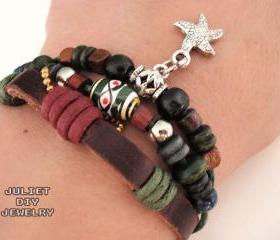 Starfish beaded multi-strand leather zen bracelet