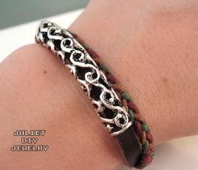 Simple hemp woven leather bracelet with vintage style silver tube