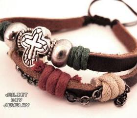 Cross bead bracelet leather hemp bracelet