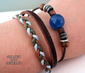 Dark blue stone and hemp woven leather bracelet