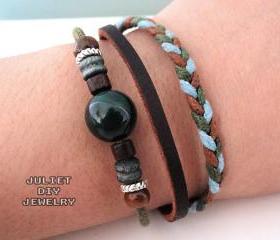 Dark green stone and hemp woven leather bracelet