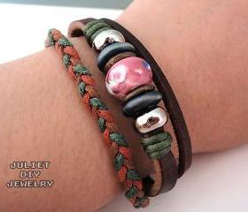 Unisex pink ceramic bead leather bracelet with green and orange hemp woven