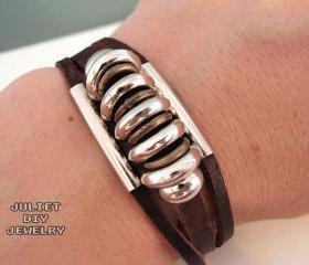 Leather Zen Bracelet with Sparkling Silver Beads, Fully Adjustable 5.5 to 9 Inches, Fits Men, Women, Teens