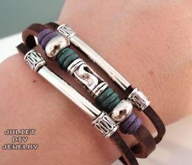 Unisex swirl bead leather zen bracelet with shiny silver tubes