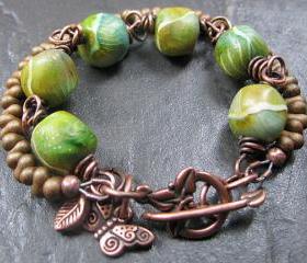 Handmade Copper Bracelet Beaded Mossy Rocks Clay Beads Butterfly & Leaf Charms