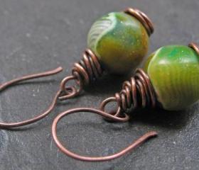 Handmade Copper Earrings Green Mossy Rocks Clay Beads