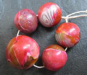 Set of 5 Handmade Clay Round Beads Pink Silver Purple Faux Glass Gemstone