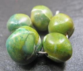 Set of 5 Handmade Clay Beads Green Blue Turquoise Faux Glass Gemstone
