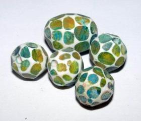 Set of 5 Polymer Clay Distressed Facteded Beads Green Yellow Blue
