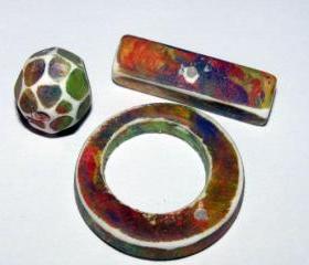 Polymer Clay Toggle & Bead Set Distressed Facteded Bead Monet Waterlillies Red Orange Yellow Green Blue