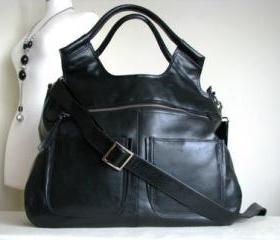 Large Leather Weekend Laptop Handbag, black