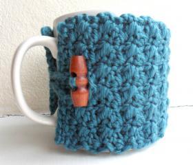 Crochet Mug Cozy Cup Cozy Teal Blue Yarn wooden toggle