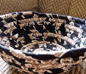 Coiled Fabric Basket in browns, black, tan - 7.5 inches across