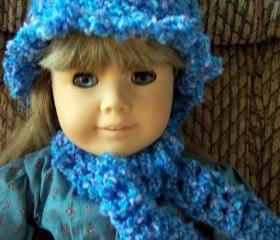 American Girl Crochet Hat with Ruffle Trim and Scarf - Blue