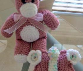 Teddy Bear and Butterfly 11 inch tall Pink Crochet