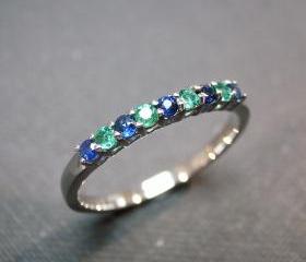 Blue Sapphire and Emerald Wedding Ring in 14 White Gold
