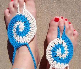 Barefoot Sandals Tourquoise Crochet, Beach wear, Nude shoes, Foot jewelry, Wedding, Victorian, Lace, Sexy, Yoga, Pool