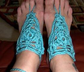 Barefoot Sandals or Fingerless Gloves - Turquoise Crochet, Beach wear, Foot jewelry, Wedding, Victorian, Lace, Sexy, Yoga, Pool