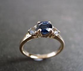 Blue Sapphire and White Sapphire Engagement Ring