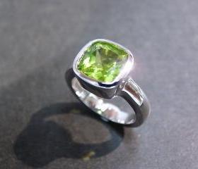 Cushion Peridot Engagement Ring in 14K White Gold