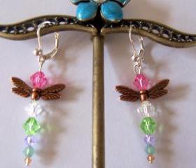SALE - 4 Dollars off - Dragonfly Swarovski Crystal Earrings Dangles - Multi Colored