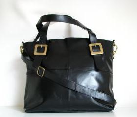 Leather Handbag Buckle Tote, Black
