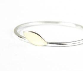 Simple minimalist ring. Gold brass leaf and silver band. Stacking ring.