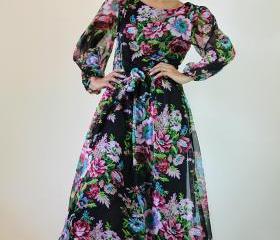 Black Chiffon Dress Long Maxi Dress Flower Print : Smooth as Silk Collection IV