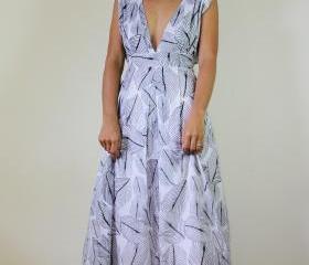 Black and White Maxi Dress - Boho Sexy Plunging V-neck Long Evening Gown : Oriental Secrets Collection