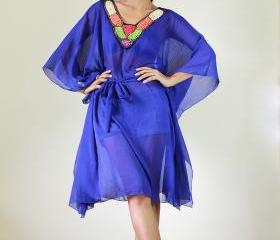 Chiffon Kaftan Blouse Loose Fit or short butterfly blue dress with embroidered neckline : Eastern Delight Collection II