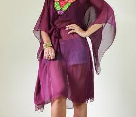 Chiffon Kaftan Blouse Loose Fit or short butterfly purple dress with embroidered neckline : Eastern Delight Collection II