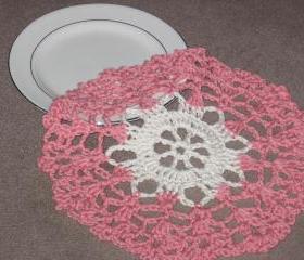 Handmade Decorative Crocheted Round Dishcloth or Doily -Coral/Cream
