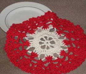 Handmade Decorative Crocheted Round Dishcloth or Doily -Red/Cream