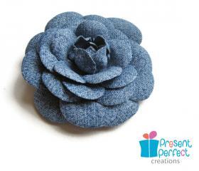 Distressed denim flower hair clip, denim camellia flower brooch