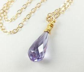 Light Purple Wire Wrapped Drop Necklace Gold Jewelry Cubic Zirconia Necklace 14K Gold