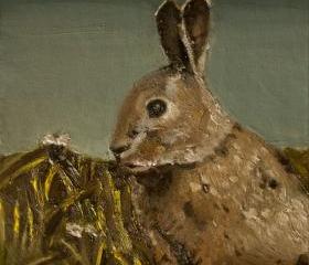 Bunny Rabbit Painting, Landscape Art, Original Mini Oil Painting