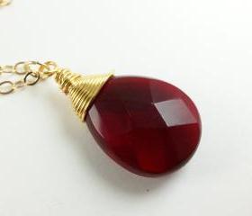 Ruby Red Quartz Gold Necklace Gem Stone Jewelry 14k Gold Red and Gold Large Drop Ruby Red Jewelry