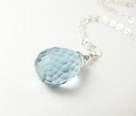 Light Blue Crystal Necklace Sterling Silver Jewelry Briolette Wire Wrapped