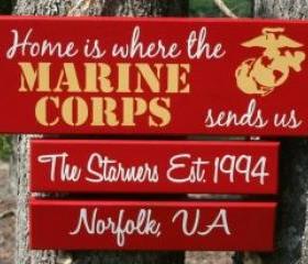 THREE Duty Station "Home is Where the Marine Corps, Army, Navy, Coast Guard, Air Force Sends Us" Military family sign