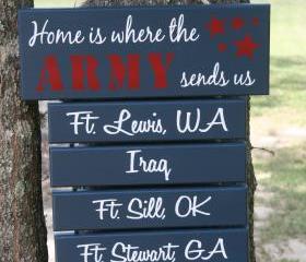 FOUR Duty Station "Home is Where the Army, Navy, Marine Corps, Air Force, Coast Guard Sends Us" Military family sign