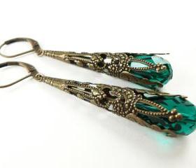 Emerald Green Earrings Brass Filigree Leverback Teardrop Earrings Victorian Jewelry