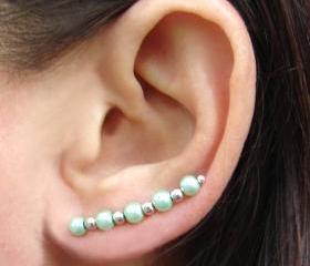 Ear Pins, Seafoam Mint Green Pearls of Glass and Silvery Beads - Pair Earrings, Earpins