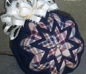 3-inch Quilted Ornament - Navy Blue w/Burgundy, Blue, and Tan Checked Homespun with Cream Satin Bow