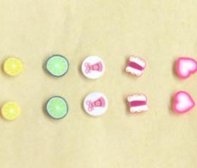 Cute Earrings Set 5 Pairs Lemon, Lime, Butterfly, Christmas bell, Love