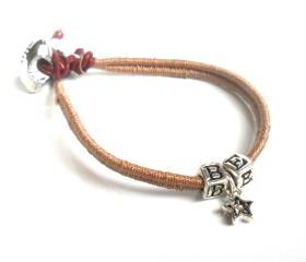 Friendship Bracelet, Leather, Woven in mocha cotton thread, Sterling Silver letters, Swarovski crystal star charm, Football Fan BE A STAR