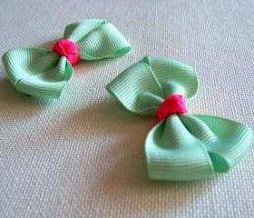 Mini Boutique Bow Pair - Light Green, Shocking Pink