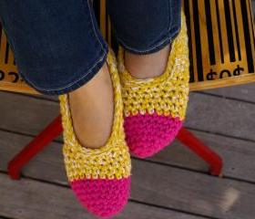 Crochet Slippers, House Shoes in Hot Pink & Yellow